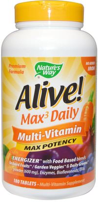 Natures Way, Alive! Max Potency, Multi-Vitamin, No Added Iron, 180 Tablets ,الفيتامينات، الفيتامينات