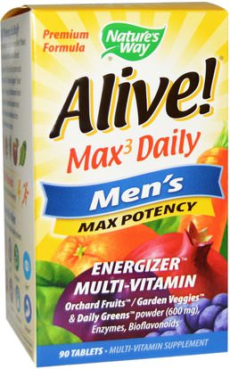 Natures Way, Alive!, Max3 Daily, Mens Max Potency, 90 Tablets ,الفيتامينات، الرجال الفيتامينات