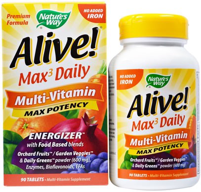 Natures Way, Alive! Max3 Daily Multi-Vitamin, No Iron Added, 90 Tablets ,الفيتامينات، الفيتامينات