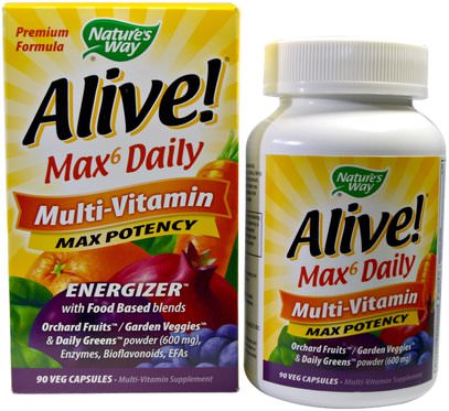 Natures Way, Alive!, Max6 Daily, Multi-Vitamin, Max Potency, 90 Veggie Caps ,الفيتامينات، الفيتامينات