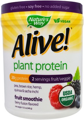 Natures Way, Alive, Organic Plant Protein, Fruit Smoothie, Berry Fusion Flavored, 15.5 oz (440 g) ,والمكملات الغذائية، والبروتين