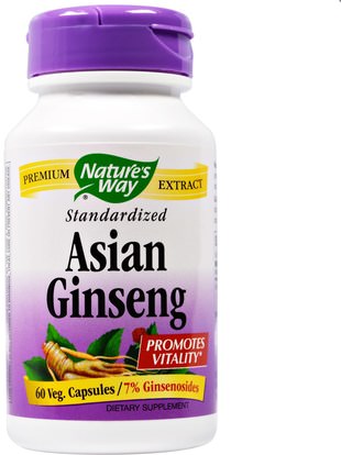 Natures Way, Asian Ginseng, Standardized, 60 Veggie Caps ,والصحة، والانفلونزا الباردة والفيروسية، الجينسنغ، والمكملات الغذائية