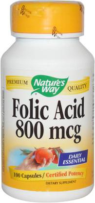 Natures Way, Folic Acid, 800 mcg, 100 Capsules ,الفيتامينات، حمض الفوليك