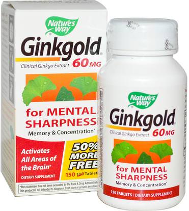 Natures Way, Ginkgold, Memory & Concentration, 60 mg, 150 Tablets ,المكملات الغذائية، الأعشاب