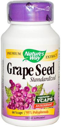 Natures Way, Grape Seed, Standardized, 60 Veggie Caps ,المكملات الغذائية، مضادات الأكسدة، استخراج بذور العنب