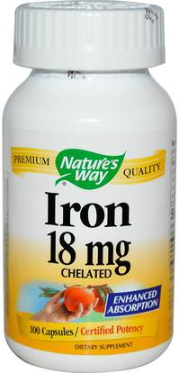 Natures Way, Iron Chelated, 18 mg, 100 Capsules ,الفيتامينات، المكملات الغذائية، الحديد