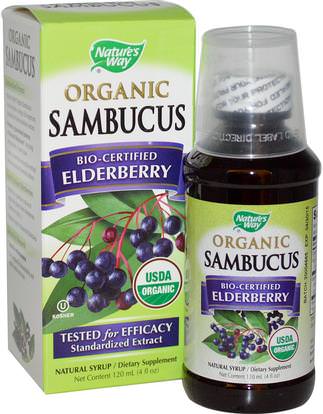Natures Way, Organic Sambucus, Bio-Certified Elderberry, 4 fl oz (120 ml) ,الصحة، الإنفلونزا الباردة والفيروسية، إلديربيري (سامبوكوس)