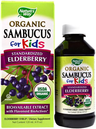 Natures Way, Organic Sambucus for Kids, Standardized Elderberry, Berry Flavor, 4 fl oz (120 ml) ,والمكملات الغذائية، والصحة، والانفلونزا الباردة والفيروسية