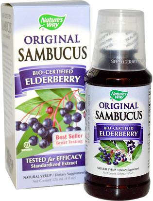 Natures Way, Original Sambucus, Bio-Certified Elderberry, Natural Syrup, 4 fl oz (120 ml) ,والصحة، والدعم المناعي، والانفلونزا الباردة والفيروسية، إلديربيري (سامبوكوس)