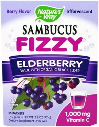 Natures Way, Sambucus Fizzy, Elderberry, Berry Flavor, 1,000 mg, 10 Packets, 7.7 g Each ,الصحة، الإنفلونزا الباردة والفيروسية، إلديربيري (سامبوكوس)