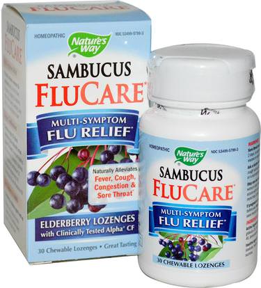 Natures Way, Sambucus FluCare, Multi-Symptom Flu Relief, Elderberry Lozenges, 30 Chewable Lozenges ,الصحة، الإنفلونزا الباردة والفيروسية، إلديربيري (سامبوكوس)