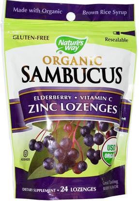Natures Way, Sambucus Organic Zinc Lozenges, Berry Flavor, 24 Lozenges ,الصحة، الإنفلونزا الباردة والفيروسية، إلديربيري (سامبوكوس)