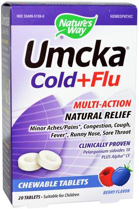 Natures Way, Umcka, Cold + Flu, Berry Flavor, 20 Chewable Tablets ,والمكملات الغذائية، والصحة، والانفلونزا الباردة والفيروسية