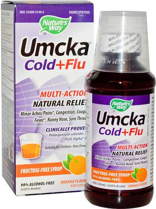 Natures Way, Umcka, Cold+Flu, Fructose-Free Syrup, Orange Flavor, 4 oz (120 ml) ,والمكملات الغذائية، والصحة، والانفلونزا الباردة والفيروسية