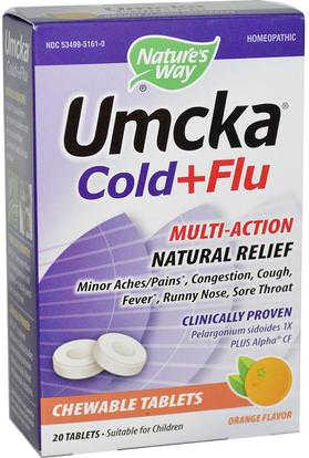 Natures Way, Umcka, Cold+Flu, Orange Flavor, 20 Chewable Tablets ,والمكملات الغذائية، والصحة، والانفلونزا الباردة والفيروسية