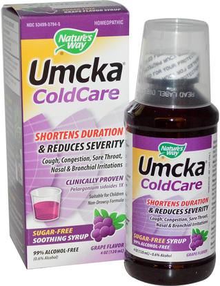 Natures Way, Umcka ColdCare, Soothing Syrup, Sugar Free, Grape Flavor, 4 oz (120 ml) ,والصحة، والانفلونزا الباردة والفيروسية والبرد والانفلونزا
