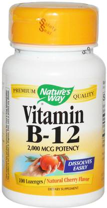 Natures Way, Vitamin B-12, Natural Cherry Flavor, 2,000 mcg, 100 Lozenges ,الفيتامينات، فيتامين ب