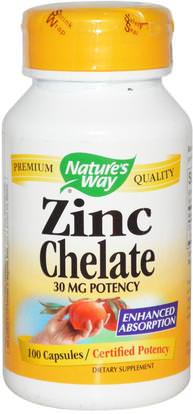 Natures Way, Zinc Chelate, 30 mg, 100 Capsules ,المكملات الغذائية، المعادن، الزنك
