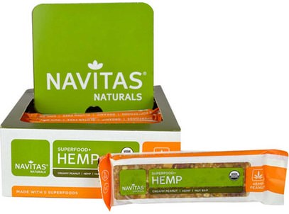 Navitas Organics, Superfood + Hemp Bars, Creamy Peanut, 12 Pack, 16.8 oz (480 g) ,المكملات الغذائية، سوبرفوودس، الحانات الغذائية
