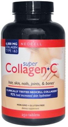 Neocell, Super Collagen + C, Type 1 & 3, 6,000 mg, 250 Tablets ,والصحة، والعظام، وهشاشة العظام، نوع الكولاجين ط & الثالث، حمام، الجمال، الشعر ترقق ونمو