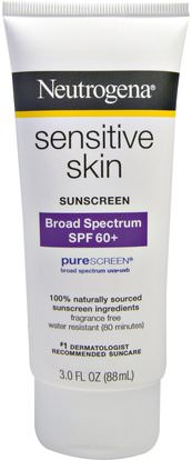 Neutrogena, Sensitive Skin Sunscreen, SPF 60+, 3.0 fl oz (88 mL) ,حمام، الجمال، واقية من الشمس، سف 50-75