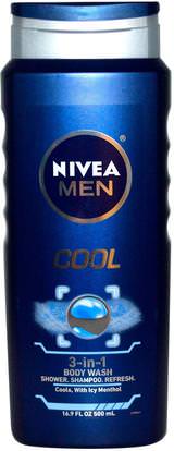 Nivea, 3-in-1 Body Wash, Men, Cool, 16.9 fl oz (500 ml) ,حمام، الجمال، هلام الاستحمام