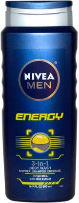 Nivea, 3-in-1 Body Wash, Men, Energy, 16.9 fl oz (500 ml) ,حمام، الجمال، الشعر، فروة الرأس، رجل العناية بالشعر، الشامبو، مكيف