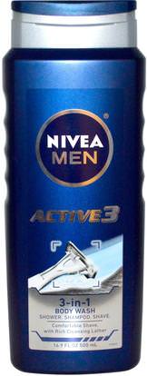 Nivea, Men, 3-in-1 Body Wash, Active 3, 16.9 fl oz (500 ml) ,حمام، الجمال، الشعر، فروة الرأس، رجل العناية بالشعر، الشامبو، مكيف
