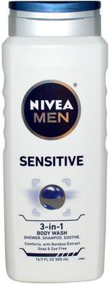 Nivea, Sensitive Body Wash for Men, 16.9 fl oz (500 ml) ,حمام، الجمال، الشعر، فروة الرأس، رجل العناية بالشعر، الشامبو، مكيف