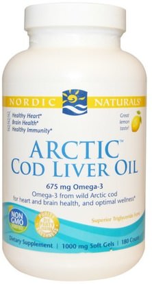 Nordic Naturals, Arctic Cod Liver Oil, Lemon, 1000 mg, 180 Soft Gels ,المكملات الغذائية، إيفا أوميغا 3 6 9 (إيبا دا)، زيت كبد سمك القد، سوفتغيلس زيت كبد سمك القد