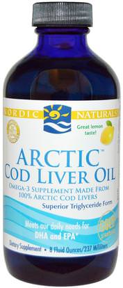 Nordic Naturals, Arctic Cod Liver Oil, Lemon, 8 fl oz (237 ml) ,المكملات الغذائية، إيفا أوميجا 3 6 9 (إيبا دا)، زيت كبد سمك القد، كبد سمك القد كبد النفط