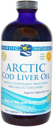 Nordic Naturals, Arctic Cod Liver Oil, Orange, 16 fl oz (473 ml) ,المكملات الغذائية، إيفا أوميجا 3 6 9 (إيبا دا)، زيت كبد سمك القد، كبد سمك القد كبد النفط