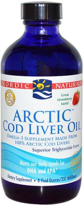 Nordic Naturals, Arctic Cod Liver Oil, Strawberry, 8 fl oz (237 ml) ,المكملات الغذائية، إيفا أوميجا 3 6 9 (إيبا دا)، زيت كبد سمك القد، كبد سمك القد كبد النفط