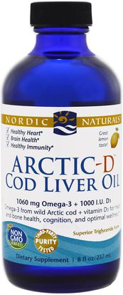 Nordic Naturals, Arctic-D Cod Liver Oil, Lemon, 8 fl oz (237 ml) ,المكملات الغذائية، إيفا أوميجا 3 6 9 (إيبا دا)، زيت كبد سمك القد، كبد سمك القد كبد النفط، الفيتامينات، فيتامين d3 السائل