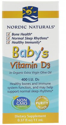 Nordic Naturals, Babys Vitamin D3, 400 I.U., 0.37 fl oz (11 ml) ,صحة الأطفال، مكملات الأطفال، فيتامين d3، فيتامين d3 السائل