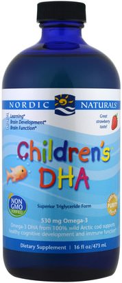 Nordic Naturals, Childrens DHA, Strawberry, 16 fl oz (473 ml) ,المكملات الغذائية، إيفا أوميجا 3 6 9 (إيبا دا)، دا، صحة الأطفال، ملاحق الأطفال