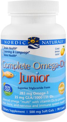 Nordic Naturals, Complete Omega-D3 Junior, Lemon, 500 mg, 90 Soft Gels ,الفيتامينات، فيتامين d3، ملاحق الأطفال
