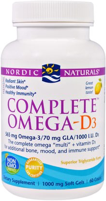 Nordic Naturals, Complete Omega-D3, Lemon, 1000 mg, 60 Soft Gels ,الفيتامينات، فيتامين d3