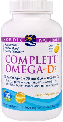 Nordic Naturals, Complete Omega- D3, Lemon Taste, 1,000 mg, 120 Soft Gels ,الفيتامينات، فيتامين d3