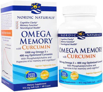 Nordic Naturals, Omega Memory with Curcumin, 975 mg, 60 Soft Gels ,المكملات الغذائية، مضادات الأكسدة، الكركمين، الصحة، دعم الذاكرة