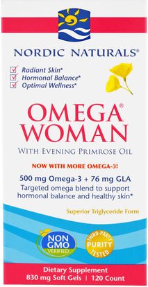 Nordic Naturals, Omega Woman, With Evening Primrose Oil, 830 mg, 120 Soft Gels ,المكملات الغذائية، إيفا أوميجا 3 6 9 (إيبا دا)، زيت زهرة الربيع المسائية، زيت زهرة الربيع