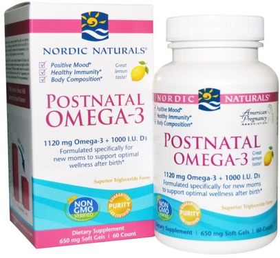 Nordic Naturals, Postnatal Omega-3, Lemon Flavor, 650 mg, 60 Soft Gels ,الصحة، الحمل