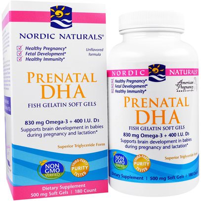 Nordic Naturals, Prenatal DHA, Fish Gelatin, Unflavored, 500 mg, 180 Soft Gels ,الصحة، الحمل