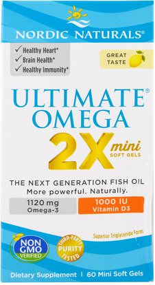 Nordic Naturals, Ultimate Omega 2X, 60 Mini Soft Gels ,المكملات الغذائية، إيفا أوميجا 3 6 9 (إيبا دا)، زيت السمك