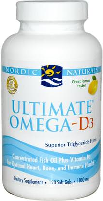 Nordic Naturals, Ultimate Omega-D3, Lemon, 1000 mg, 120 Soft Gels ,الفيتامينات، فيتامين d3