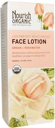 Nourish Organic, Lightweight Moisturizing Face Lotion, Argan + Rosewater, 1.7 fl oz (50 ml) ,والجمال، العناية بالوجه، نوع الجلد العادي لتجف الجلد، حمام، أرغان العناية بالوجه