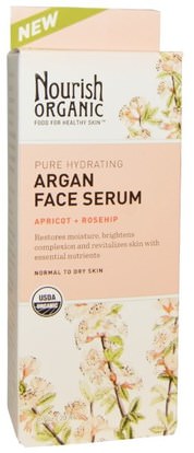 Nourish Organic, Pure Hydrating Argan Face Serum, Apricot + Rosehip, 0.7 oz (20 ml) ,الصحة، الجلد المصل، الجمال، العناية بالوجه، نوع الجلد الطبيعي لتجف الجلد