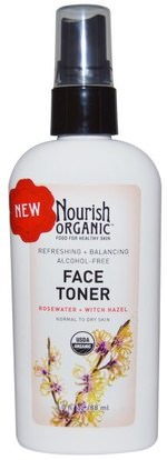 Nourish Organic, Refreshing & Balancing Face Toner Rosewater + Witch Hazel, 3.0 fl oz (88 ml) ,الجمال، العناية بالوجه، نوع الجلد العادي لتجف الجلد، أحبار الوجه