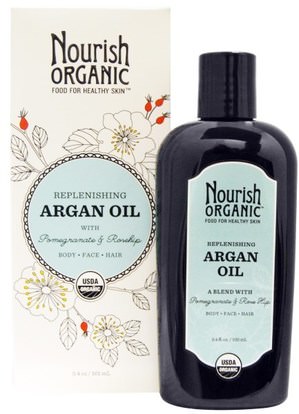 Nourish Organic, Replenishing Argan Oil with Pomegranate and Rosehip, 3.4 oz (101 ml) ,حمام، الجمال، زيت الأرغان، حمام أوميغا