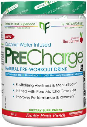NovaForme, PreCharge Natural Pre-Workout Drink, Exotic Fruit Punch, 300 g ,الرياضة، تجريب، العضلات